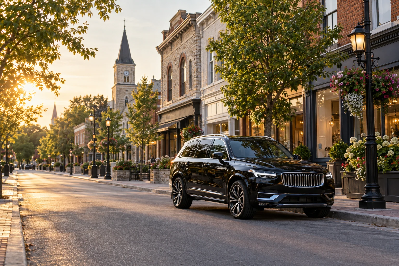 Black private chauffeur vehicle in an Ontario town setting for Stouffville airport transfers