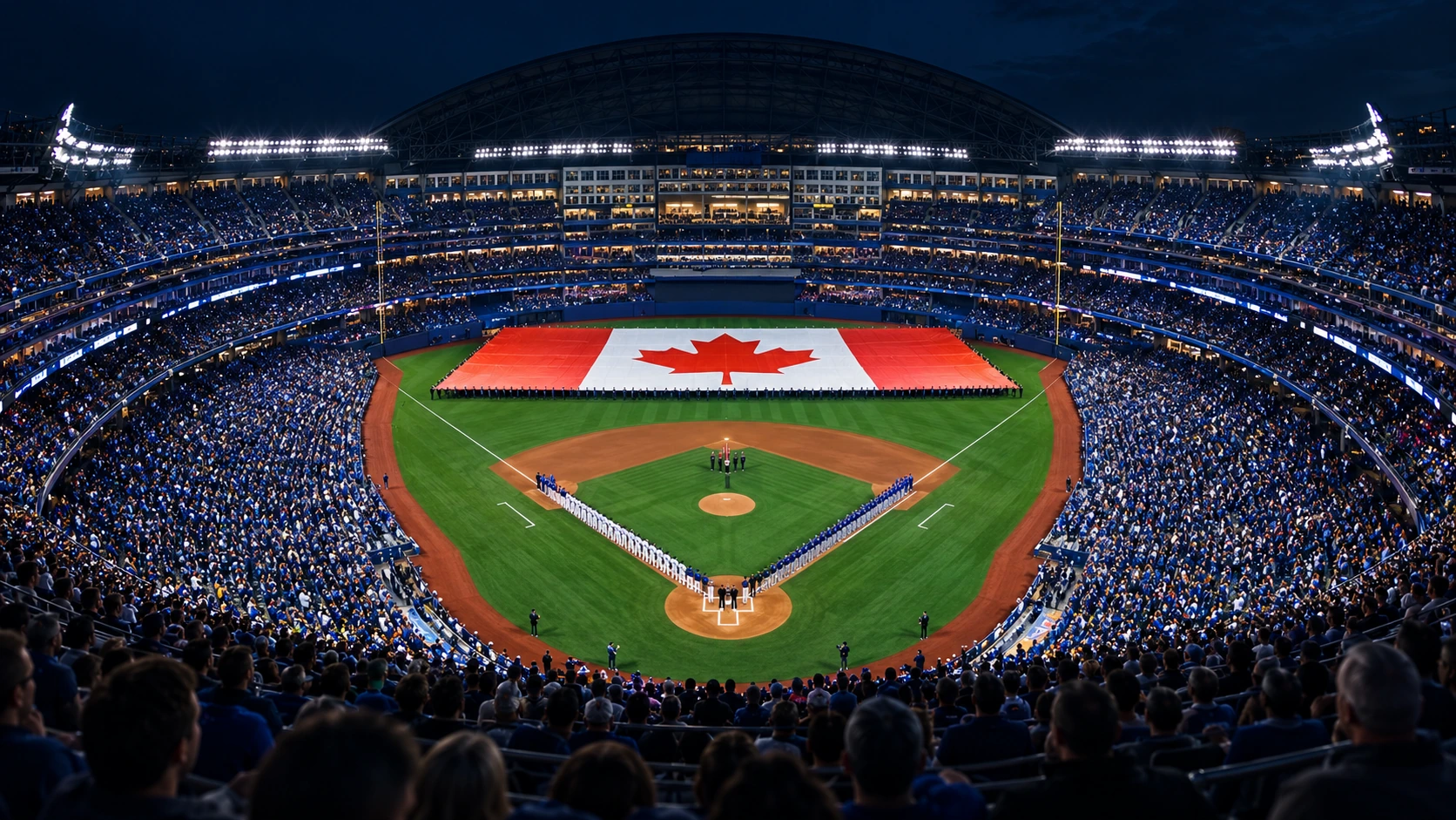 Rogers Centre baseball diamond during an evening game in Toronto