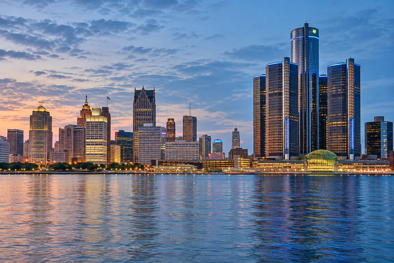 Detroit riverfront skyline for your private chauffeur journey