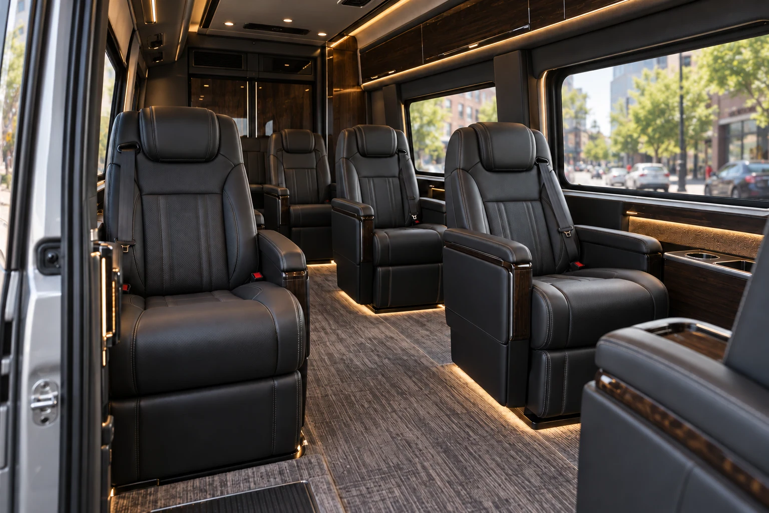 Spacious Jet Sprinter executive cabin with leather seating